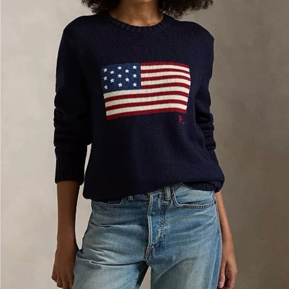 NWT Polo Ralph Lauren Unisex The Iconic Flag Sweater Navy Fall American Size M - Picture 2 of 7